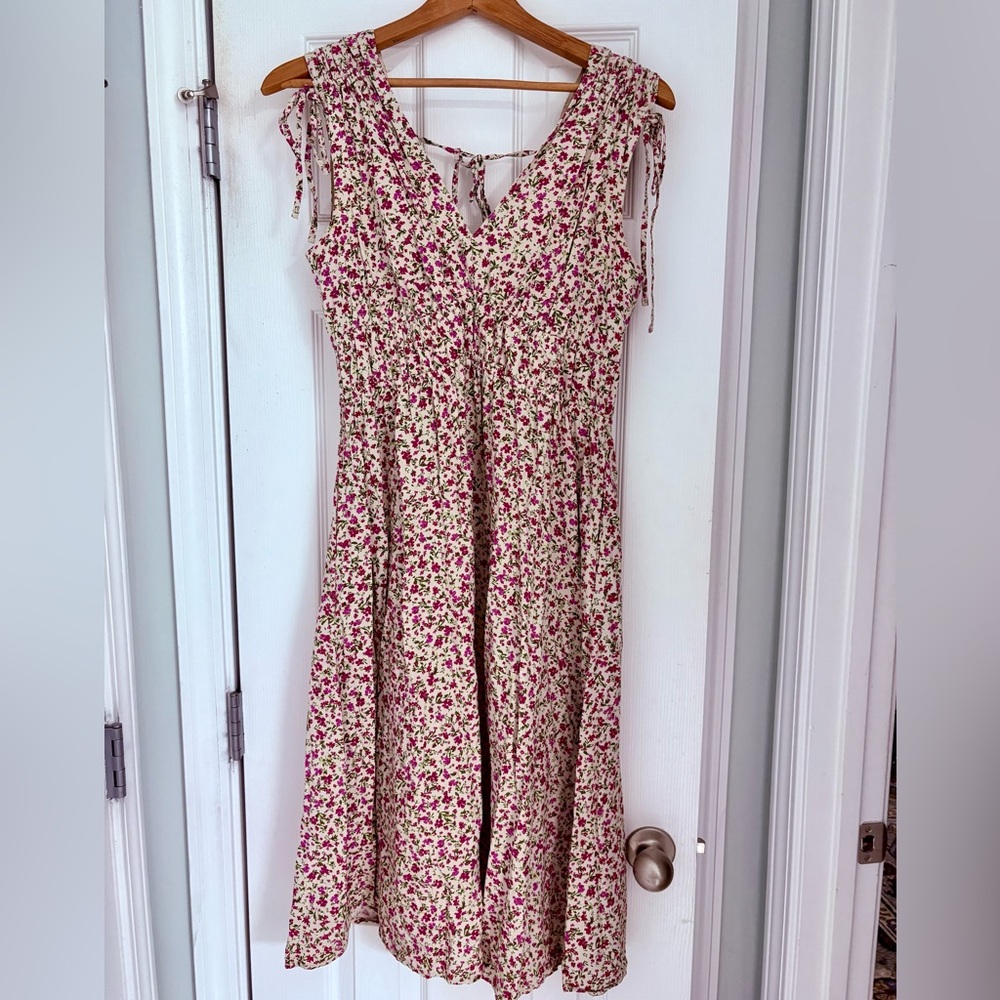 Time and Tru Cream Midi Dress with Pink Floral Print
